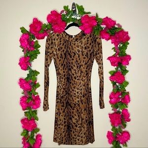 Tory Burch Leopard Print Silk Ruched Waist Long Sleeve Dress Size XS